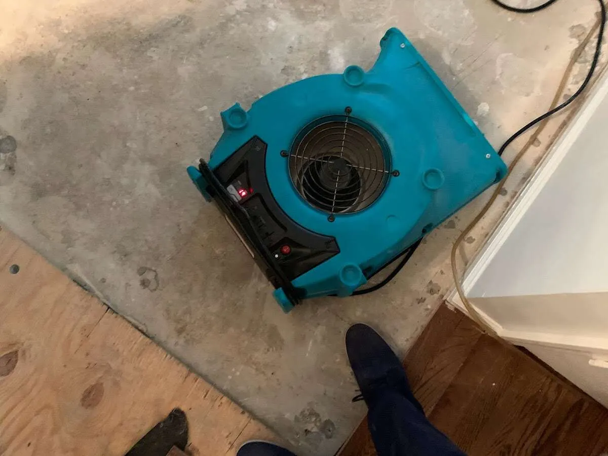 Air mover drying subfloor during Leak Detection & Repair in Ashland